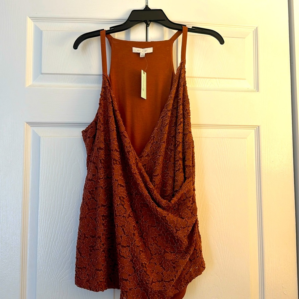 Anthropologie Rust / terracotta faux wrap lace tank